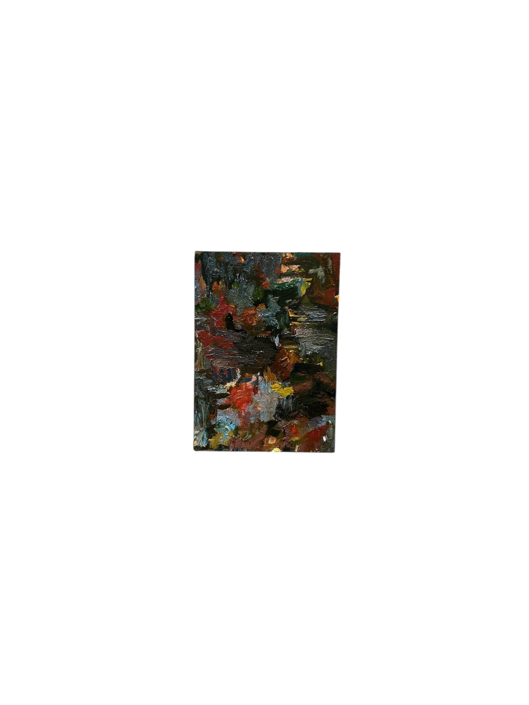 Oil on board abstract by J. Dunn in deep blue-black with red highlights, viewed at an angle showing the edge.
