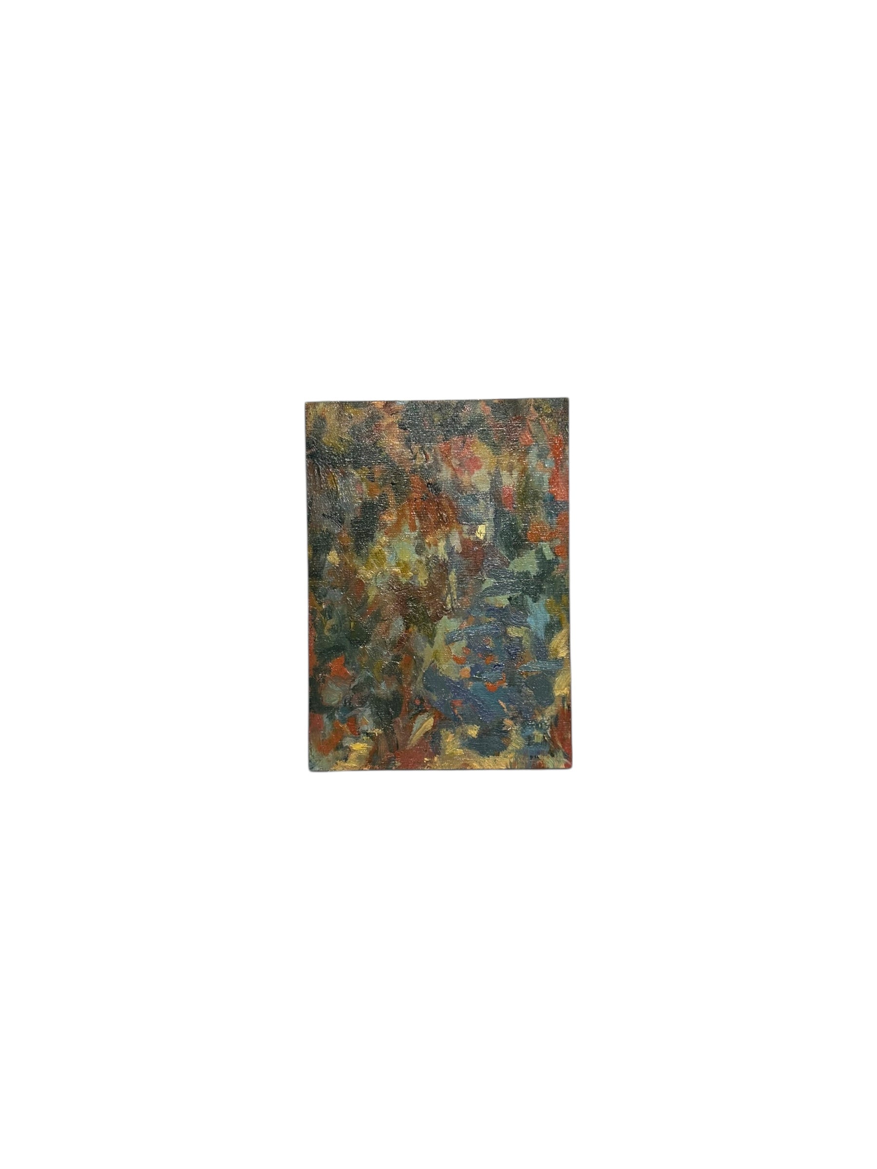 Oil on board abstract by J. Dunn in mottled reds, blues and gold, viewed at an angle showing the board's edge.