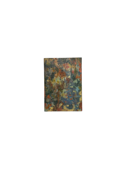 Oil on board abstract by J. Dunn in mottled reds, blues and gold, viewed at an angle showing the board's edge.