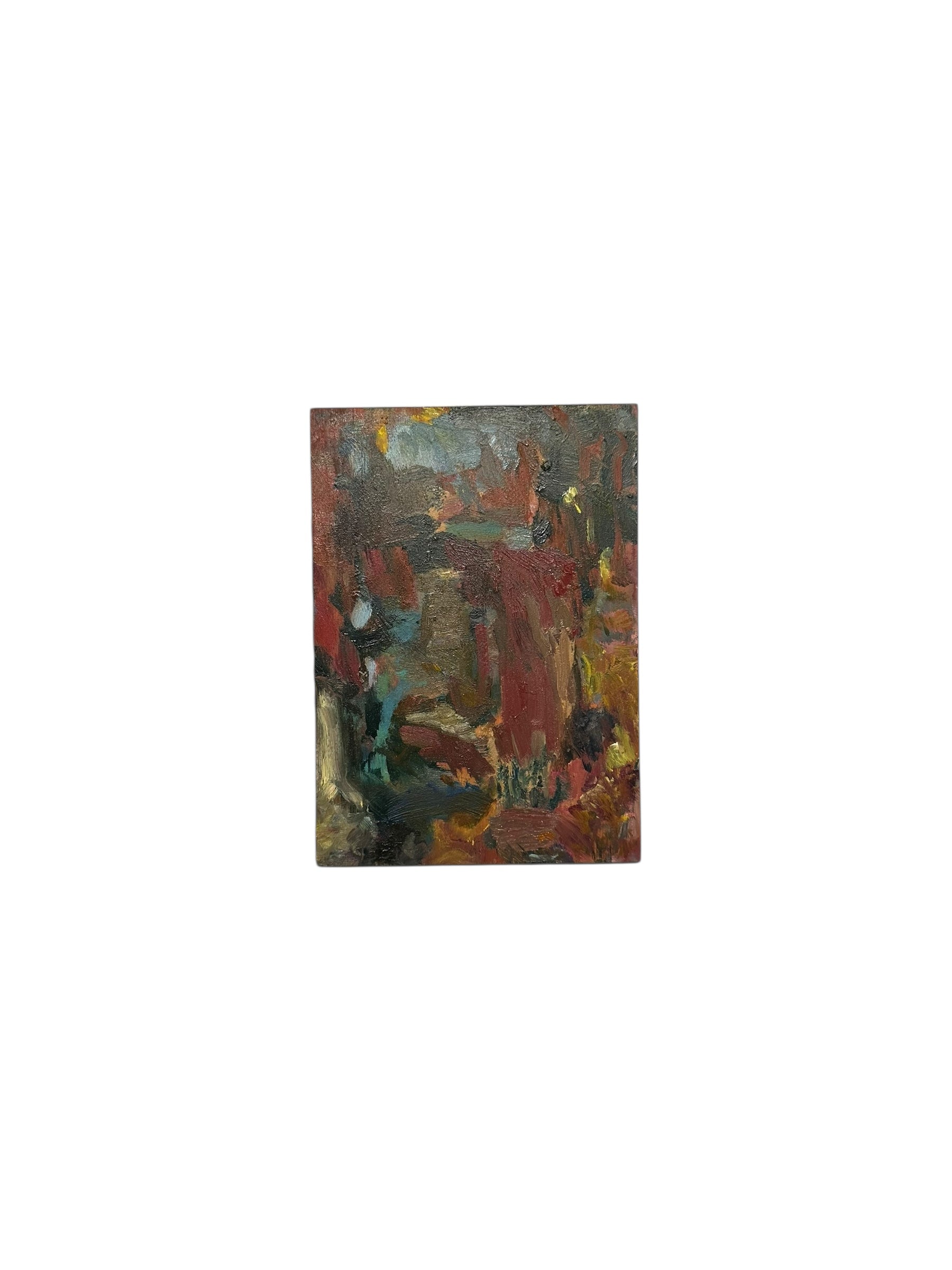 Oil on board abstract by J. Dunn in reds and browns, shown at an angle to reveal the painting's thick impasto edge.