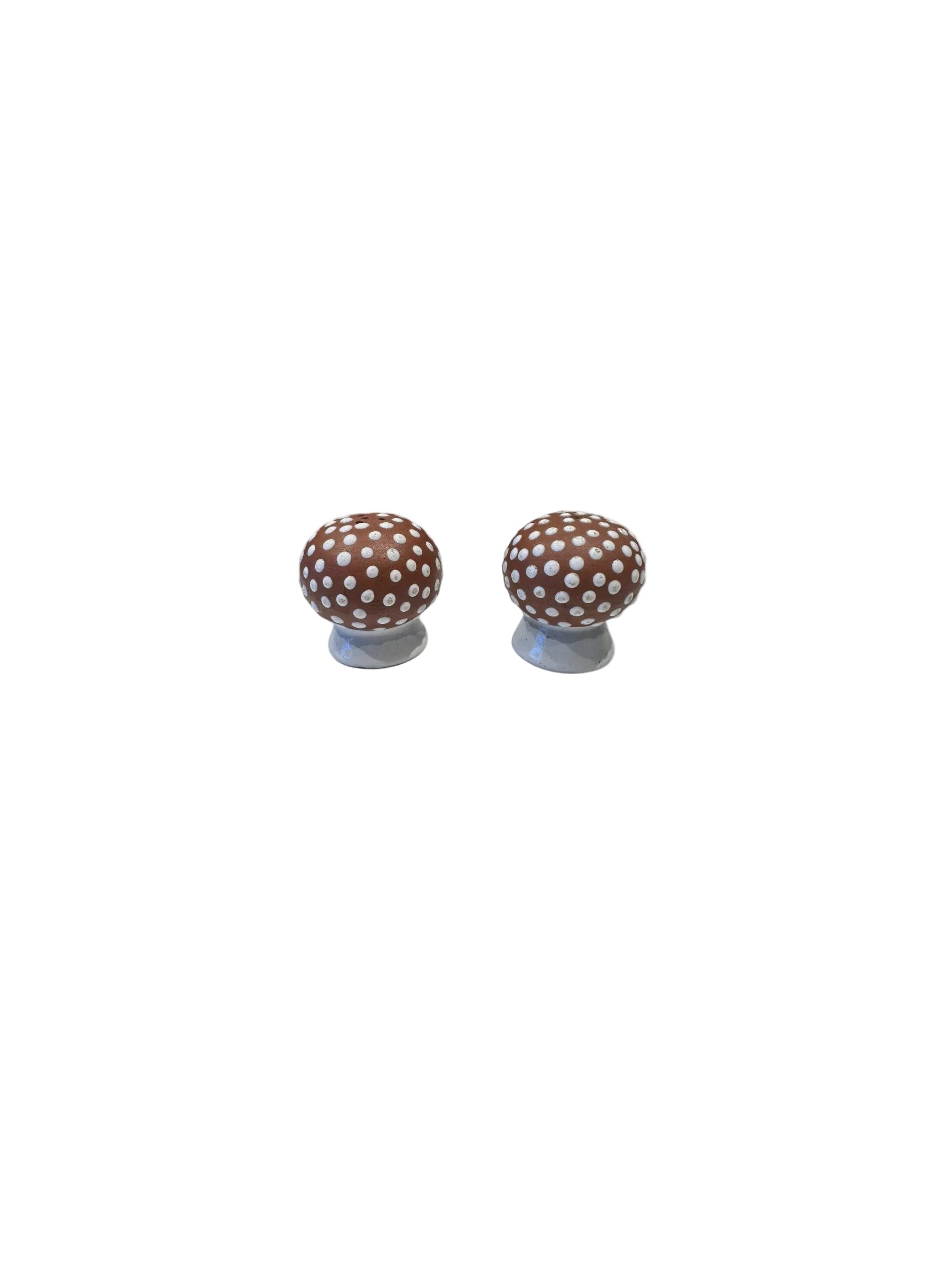 Pair of brown mushroom salt and pepper shakers with white dots and blue-grey stems