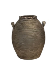 Brown ribbed ovoid pinched ceramic vase with small lug handle, front view