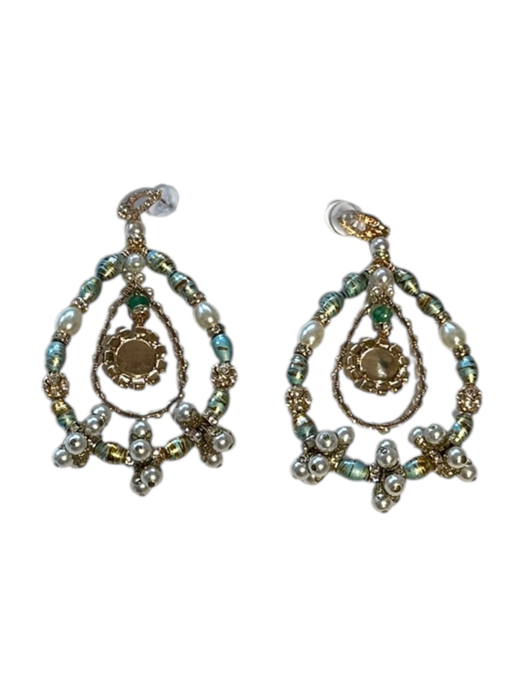 Boho gypsy chandelier earrings enlarged, teardrop frames with pearls and turquoise center stones