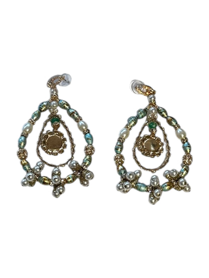 Boho gypsy chandelier earrings enlarged, teardrop frames with pearls and turquoise center stones