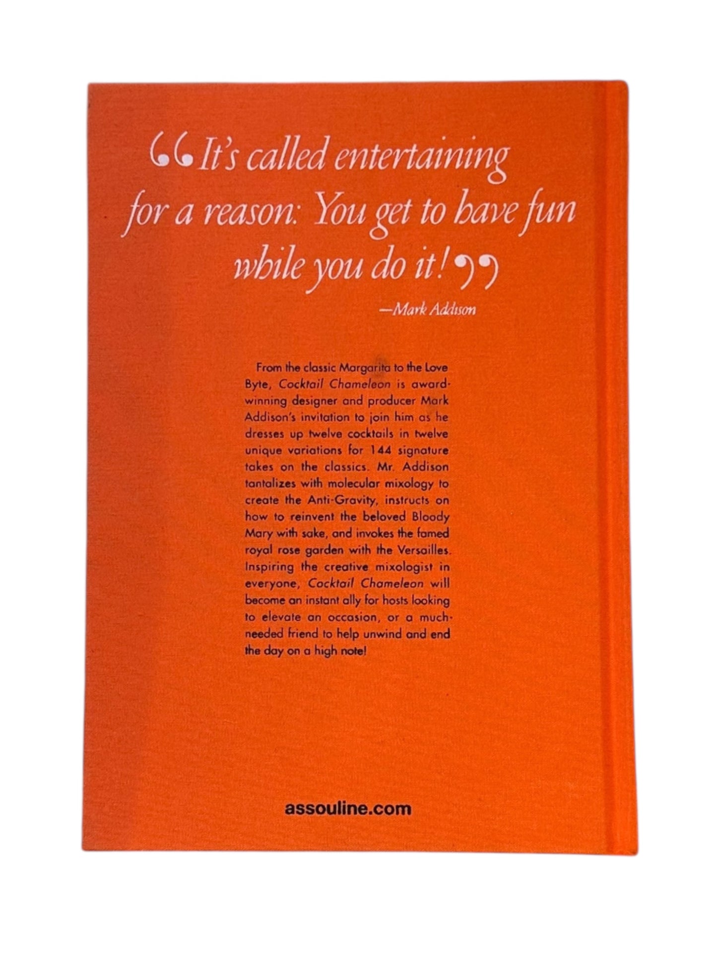 Back cover of Cocktail Chameleon in orange with a Mark Addison quote and book description