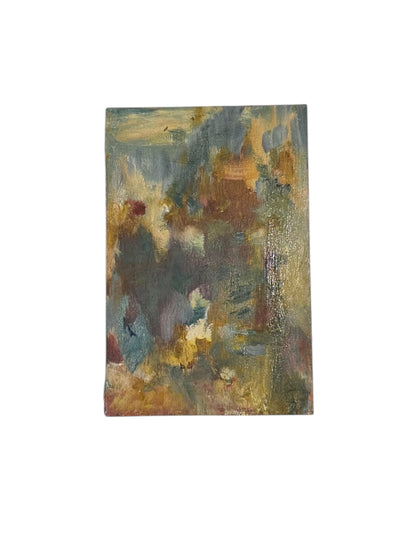 J.Dunn abstract oil-on-board painting in muted earth and slate tones on white background