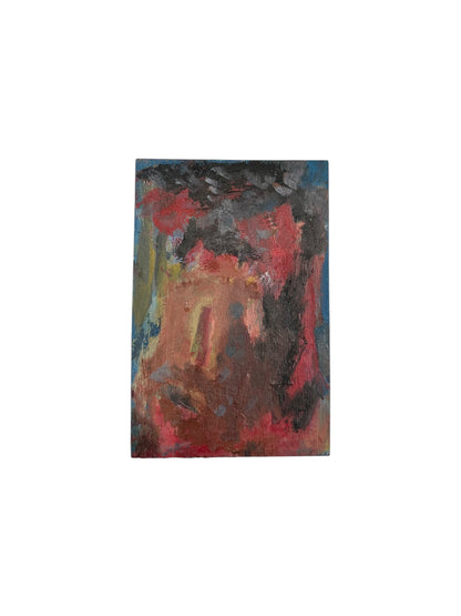 J.Dunn oil-on-board portrait of a face in red, brown and black tones on white