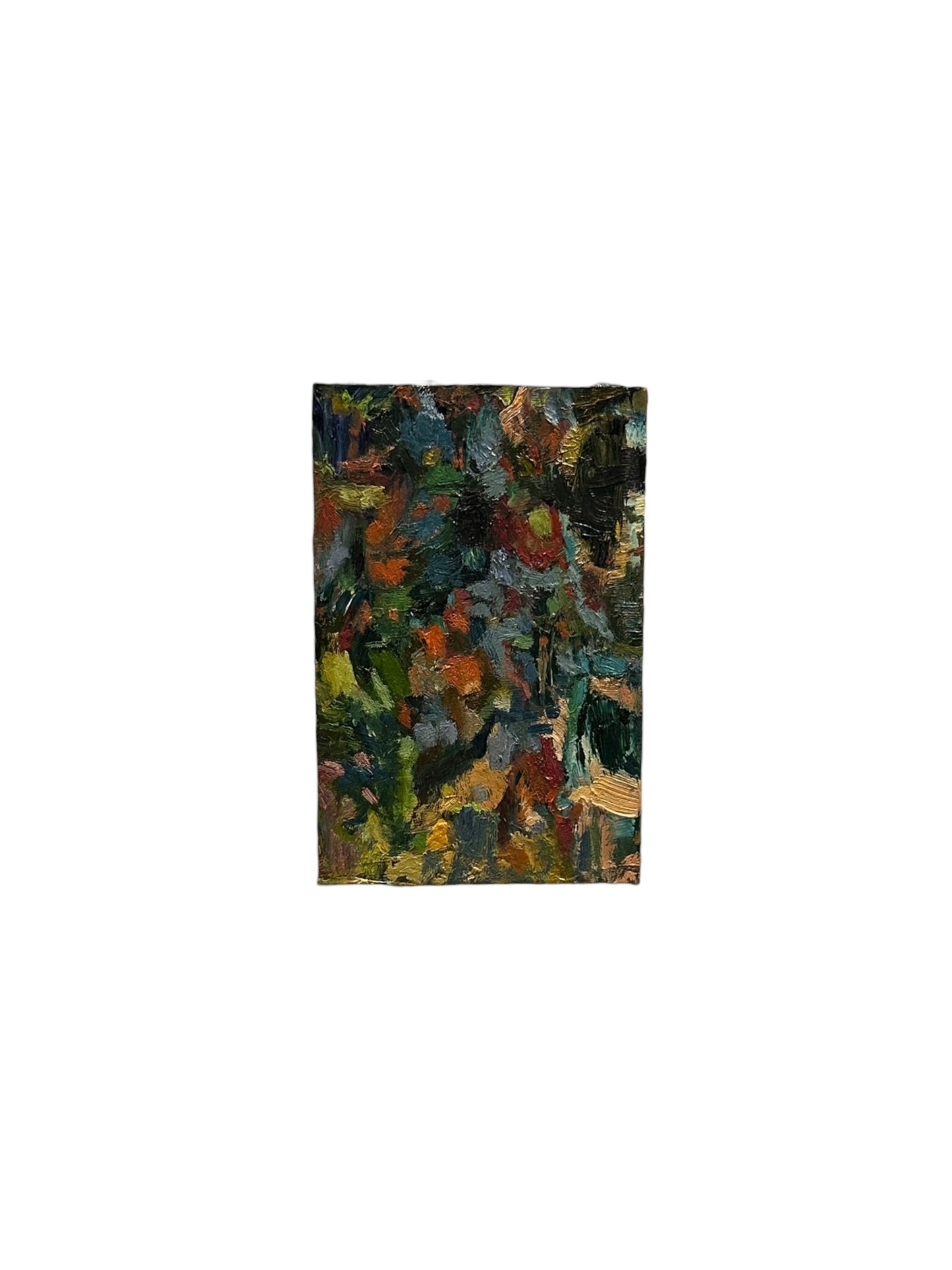 J.Dunn abstract oil-on-board painting in dark green, blue and orange, front view on white