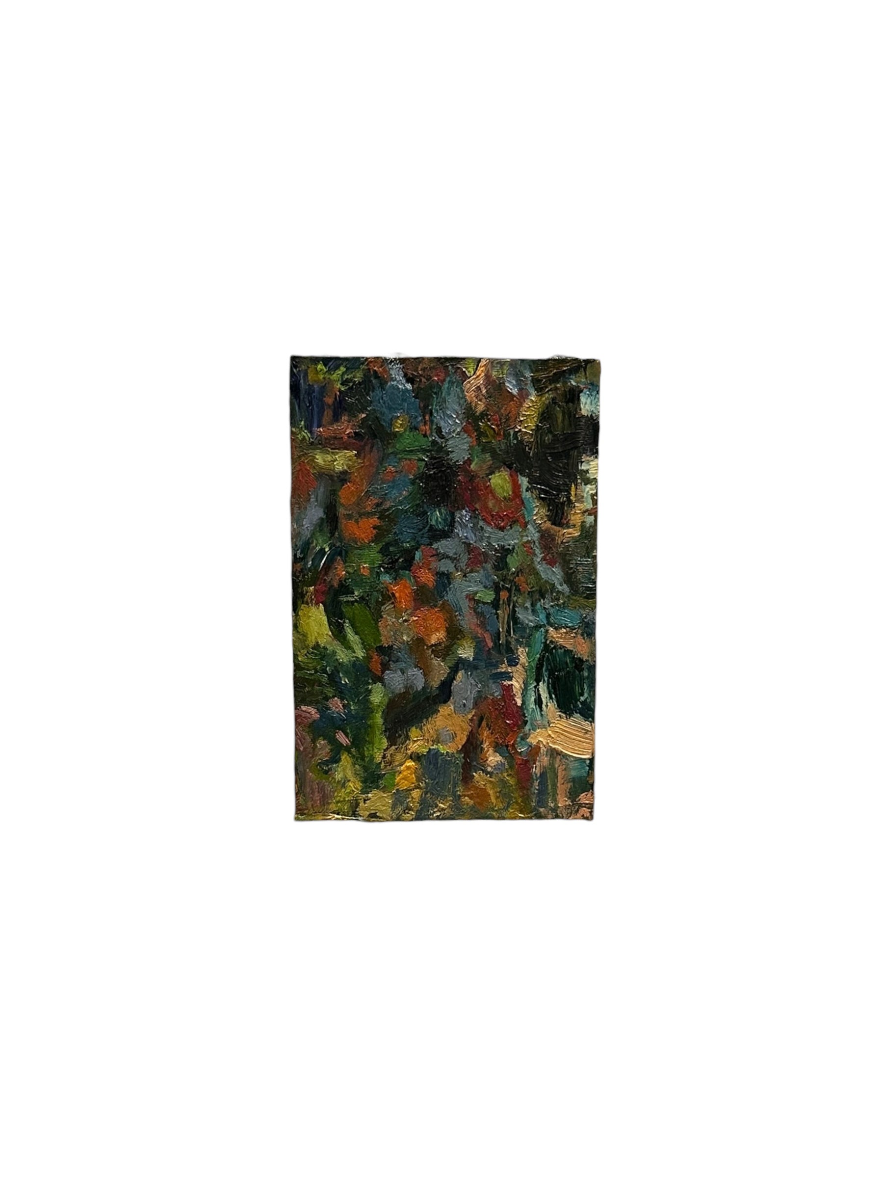 J.Dunn abstract oil-on-board painting in dark green, blue and orange, front view on white
