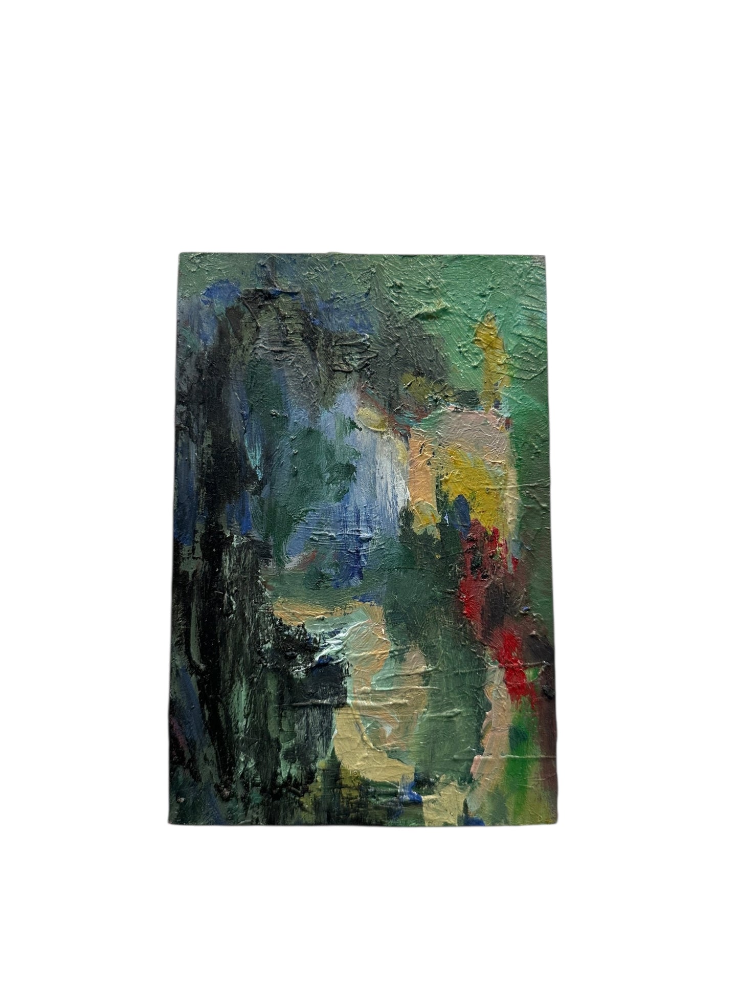 Oil on board abstract by J. Dunn, layered greens with yellow and red flecks on a thick textured surface, front view.