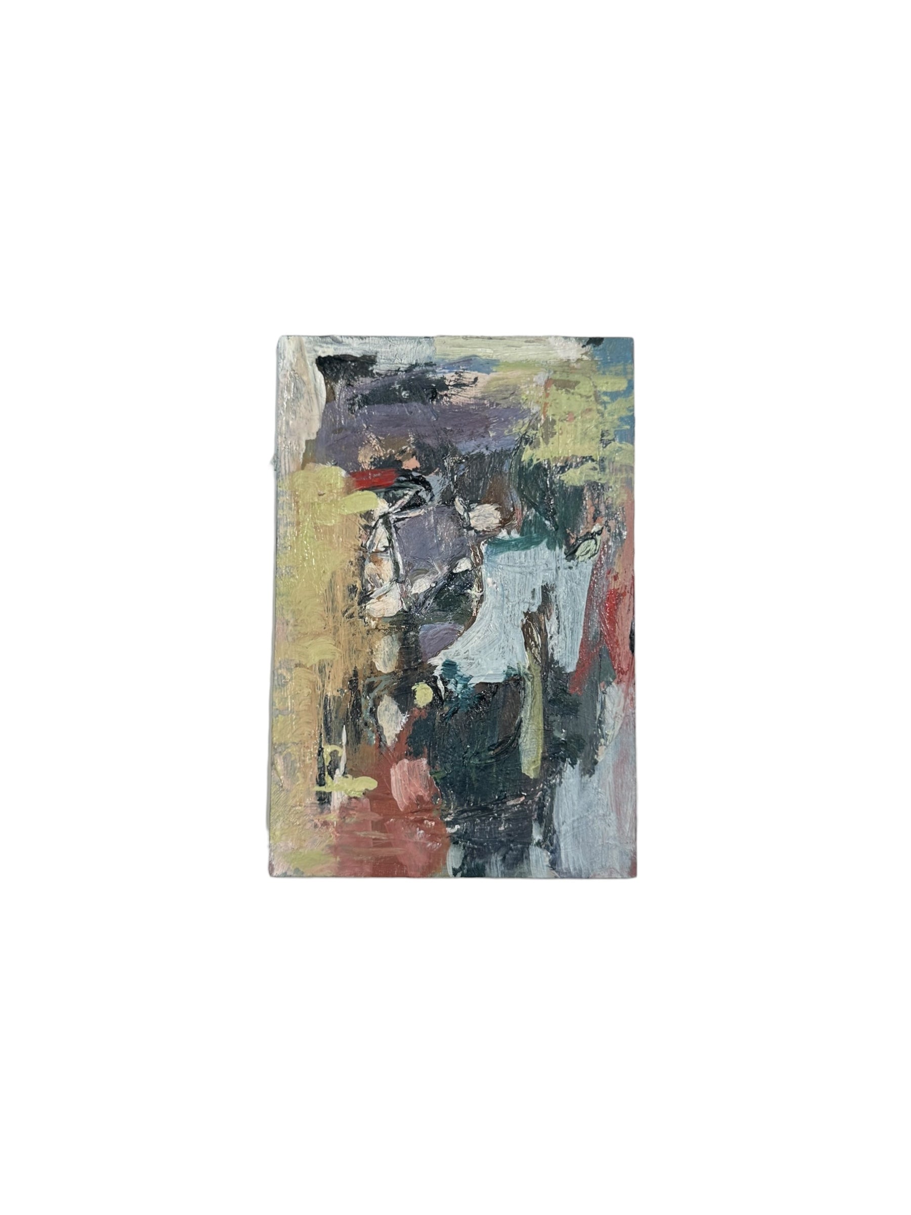 Oil on board abstract by J. Dunn, muted purples, olive and slate-blue with black and red accents, front view.