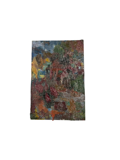 Oil on board abstract by J. Dunn, densely layered jewel-tone reds, greens and blues, heavy texture, angled view.