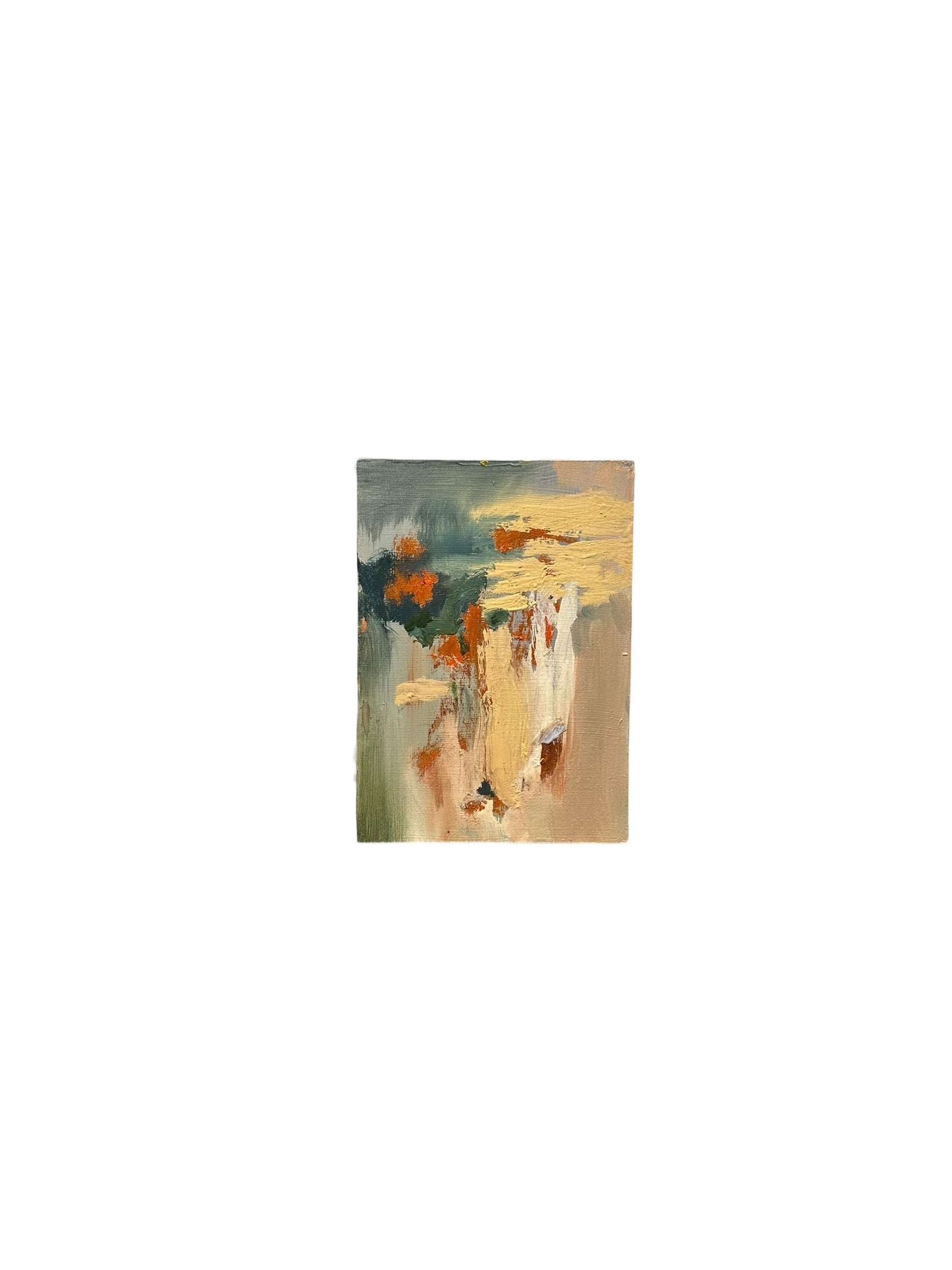 Oil on board abstract by J. Dunn in muted teal and cream with rust touches, alternate front view.