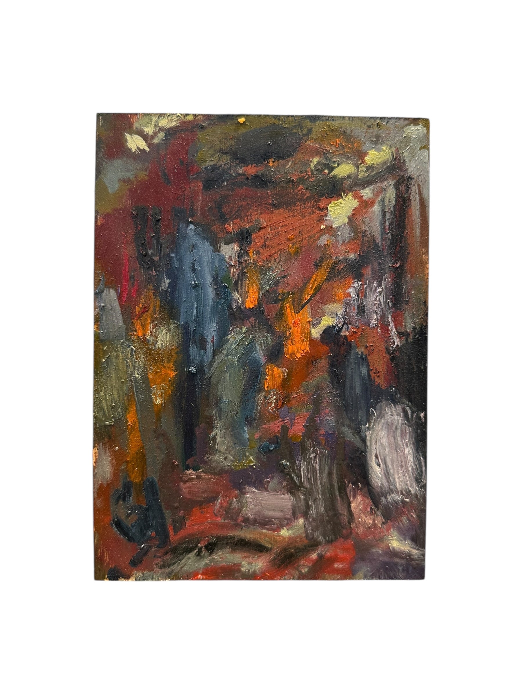 Oil on board abstract by J. Dunn, fiery reds and orange with steel-blue vertical forms, front view.