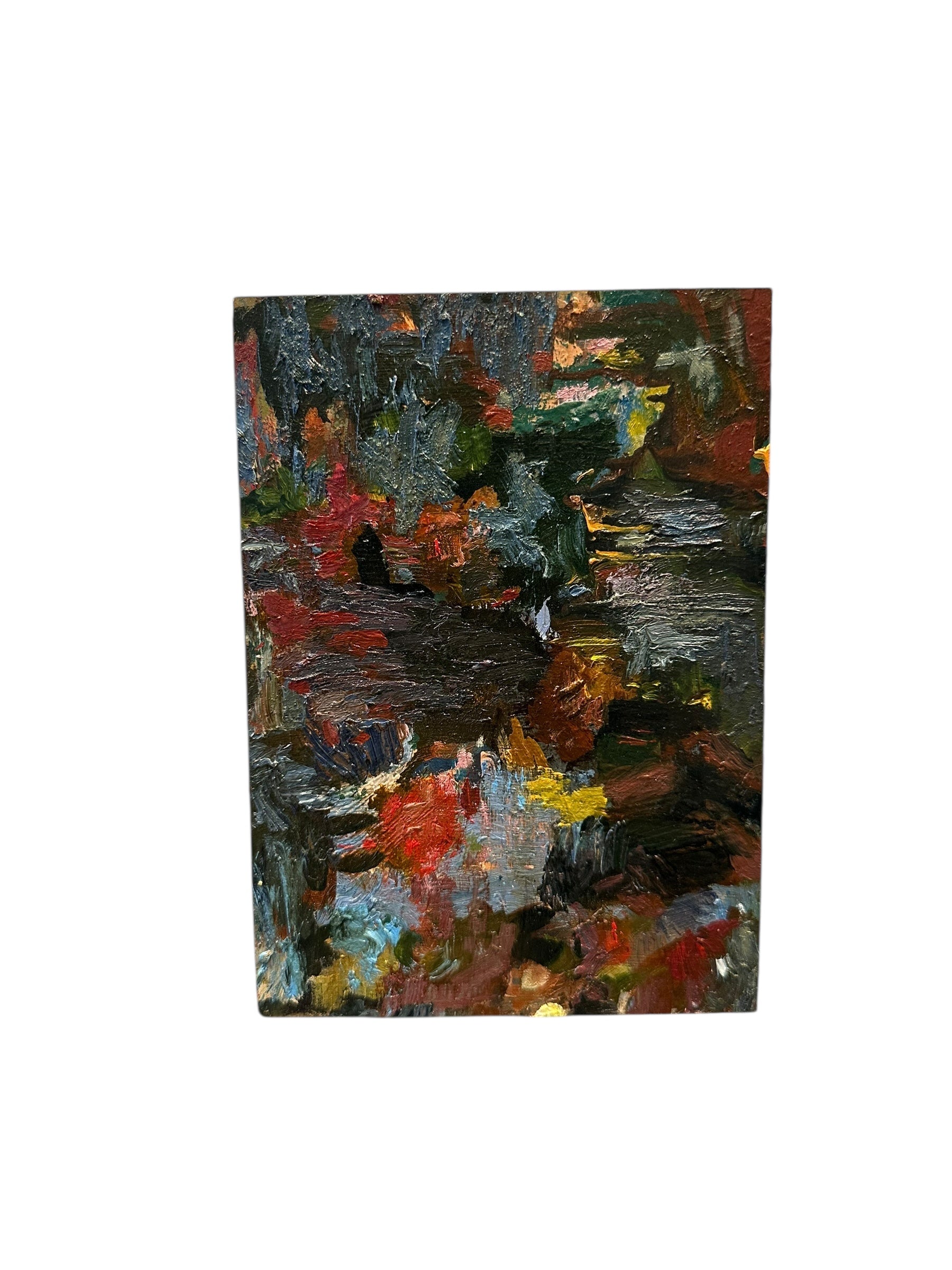 Oil on board abstract by J. Dunn, shadowy dark palette with fiery red-orange flecks and heavy texture, front view.