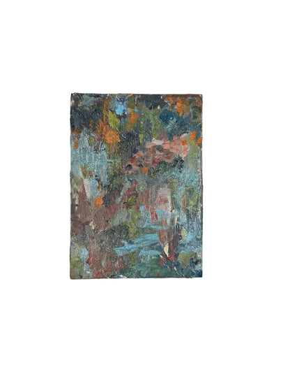 Oil on board abstract by J. Dunn, blue-green palette with warm orange touches and textured brushwork, front view.