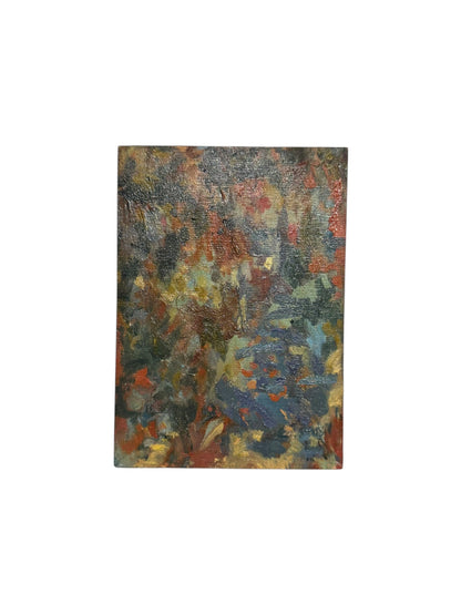 Oil on board abstract by J. Dunn, densely mottled reds, blues and gold ochre on a heavily textured surface, front view.