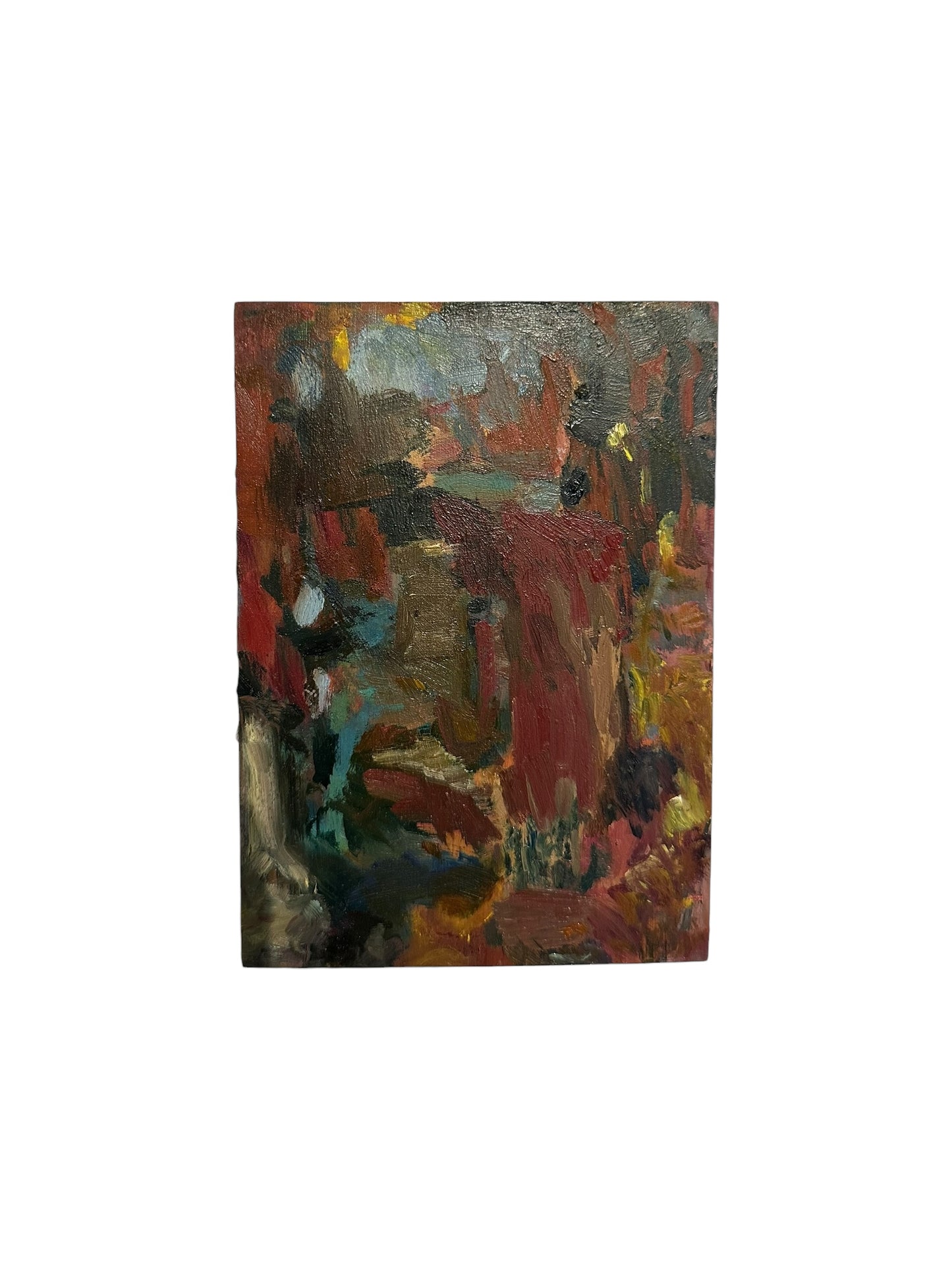 Oil on board abstract by J. Dunn, warm reds and earth tones with a grey-blue top, full front view of the small painting.
