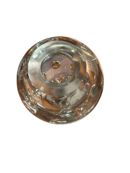 Top view looking down into the narrow mouth of the glass sphere vase