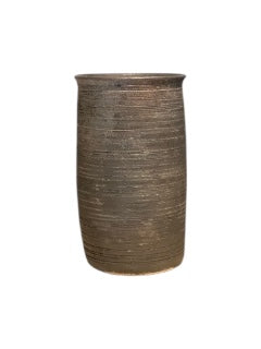 Brown ribbed cylindrical ceramic medium vase, full front view