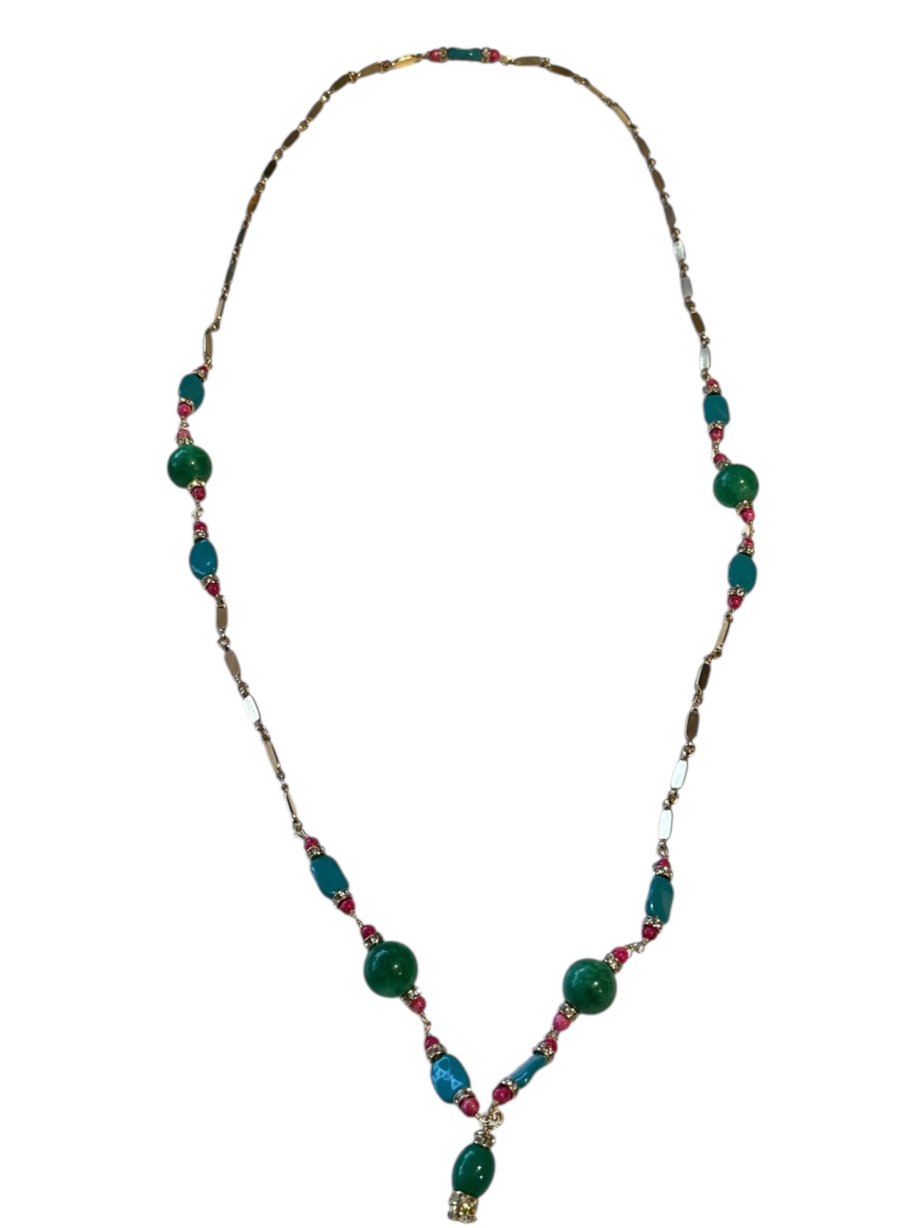 Full layout of the pendant necklace showing the beaded chain with green, blue and red stones