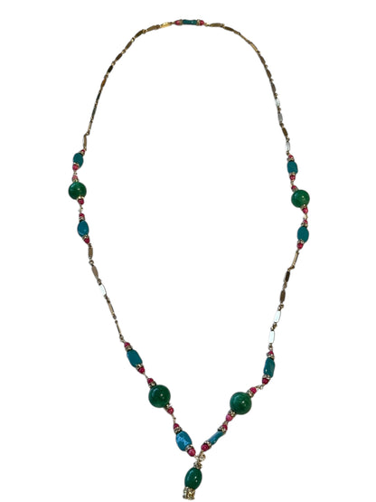 Full layout of the pendant necklace showing the beaded chain with green, blue and red stones