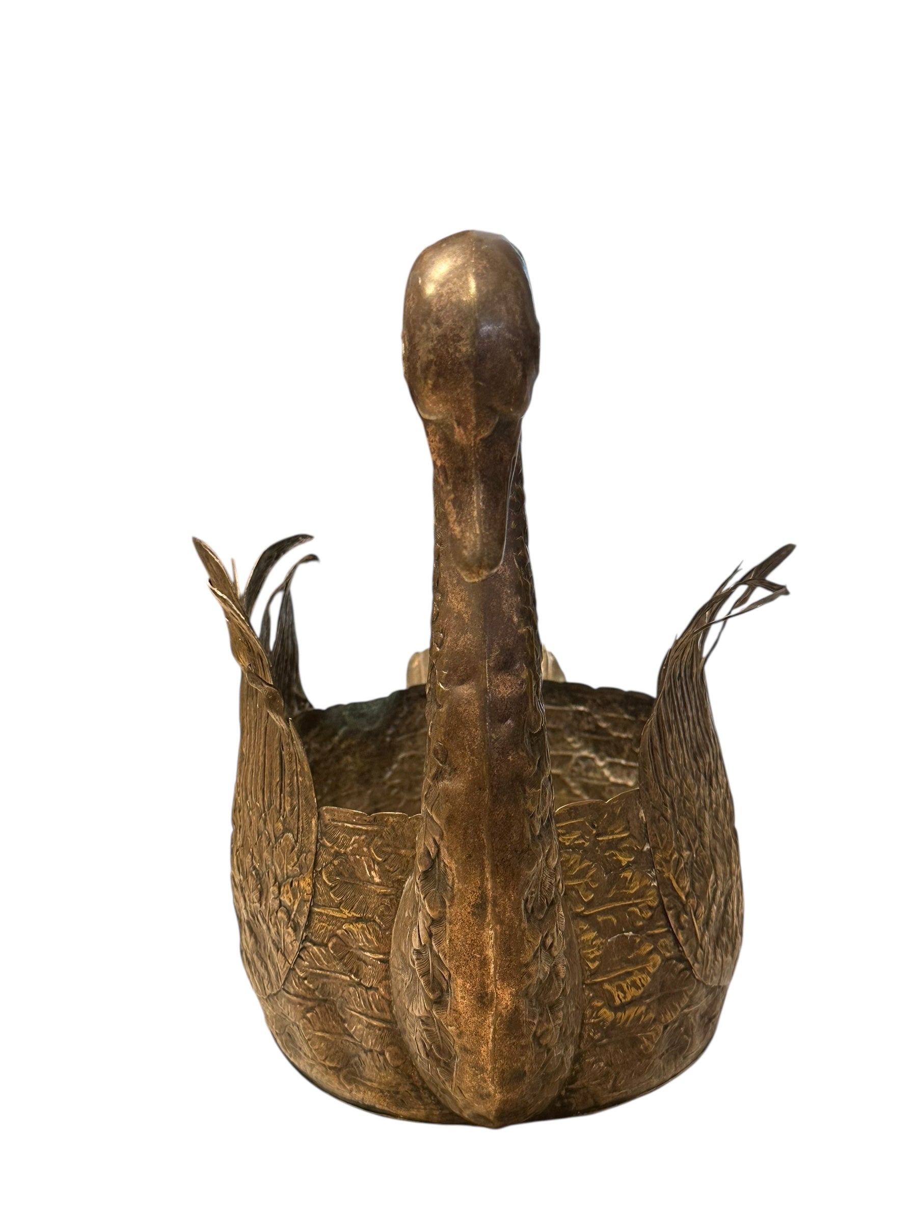 Silver-plated swan jardiniere viewed head-on, upright neck rising from a hollow feathered body