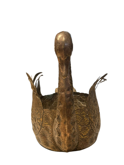 Silver-plated swan jardiniere viewed head-on, upright neck rising from a hollow feathered body