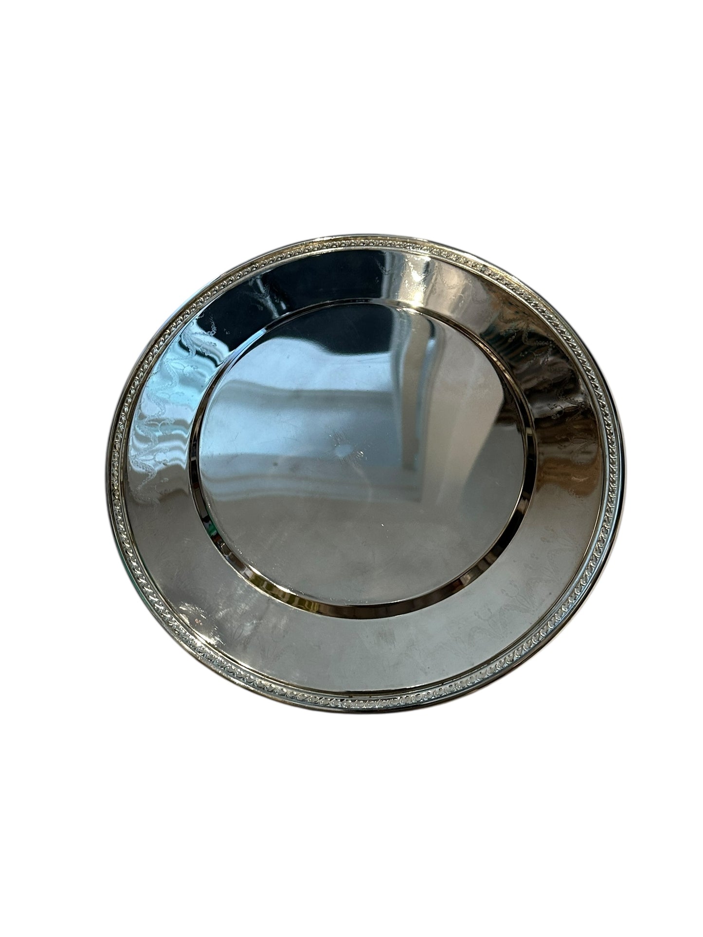 Vintage small round silverplate tray, plain polished center with beaded edge, top view