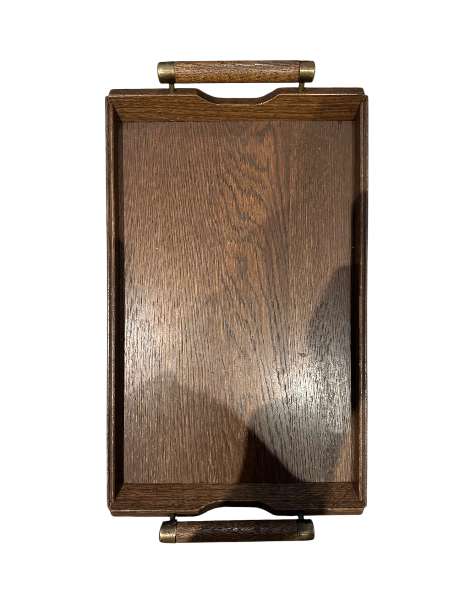 Small MCM wooden serving tray with wood-and-brass tube handles, lengthwise view