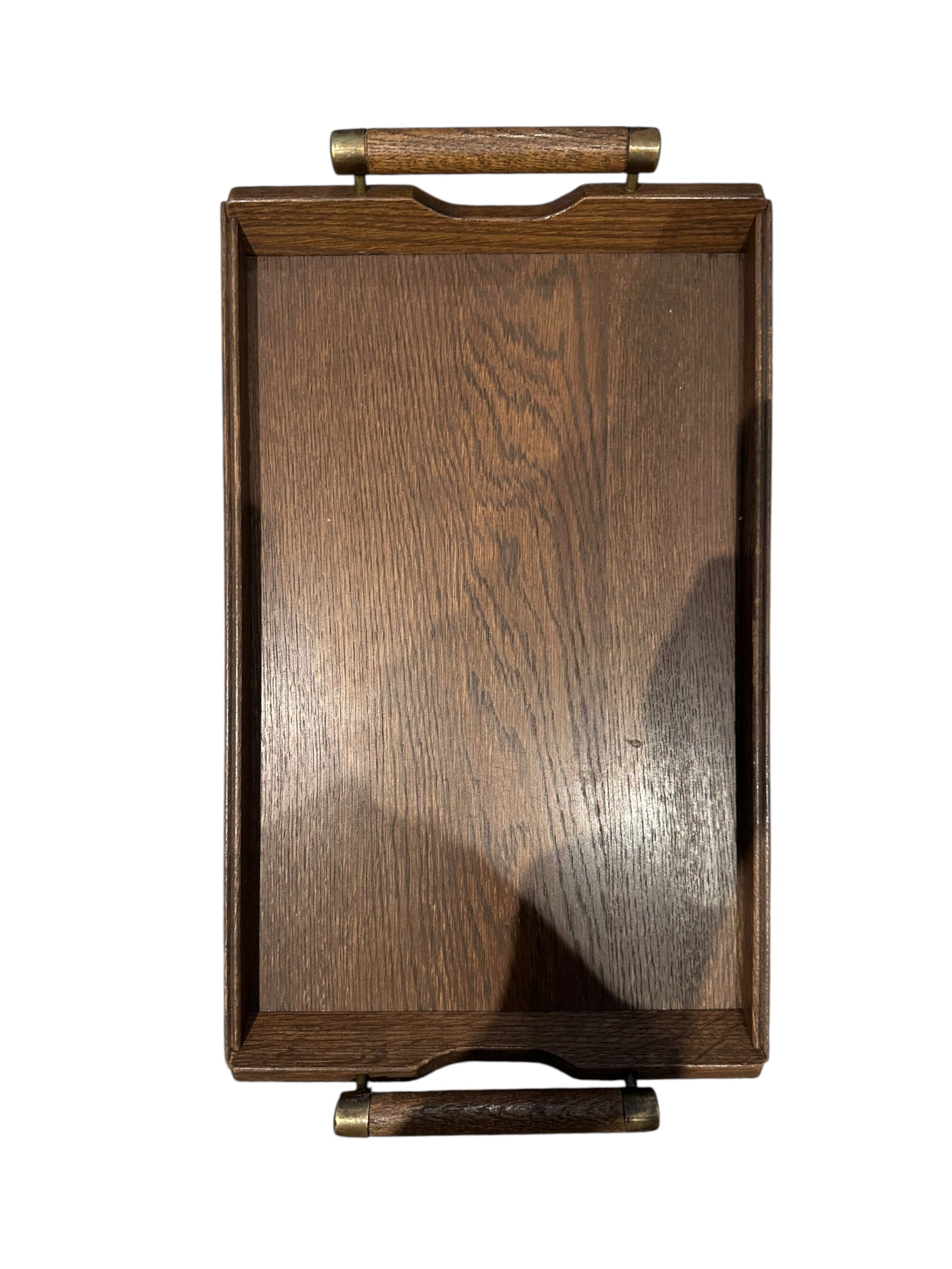 Small MCM wooden serving tray with wood-and-brass tube handles, lengthwise view