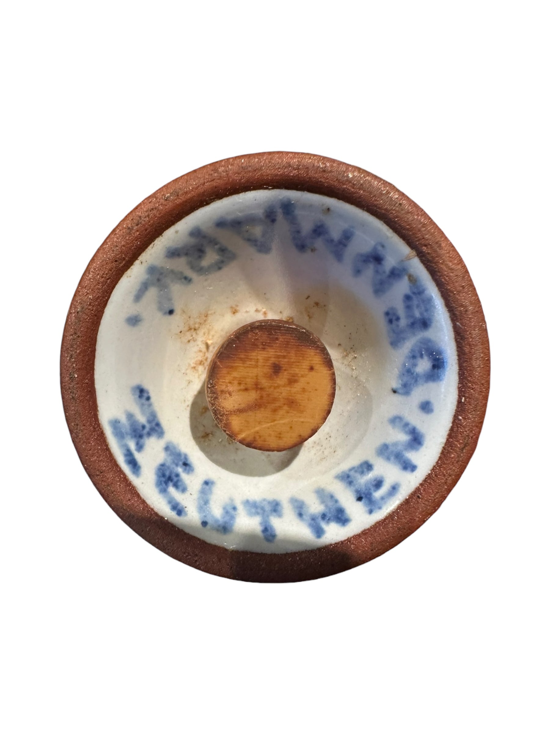 Underside of a mushroom shaker marked DENMARK and ZEUTHEN in blue, with cork stopper
