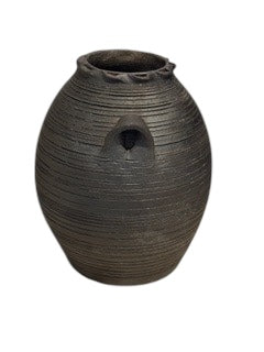 Pinched ovoid ribbed ceramic vase with crimped rim, front view