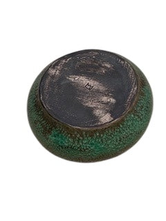 Handmade green glazed stoneware bowl, underside view of unglazed dark base ringed in green.
