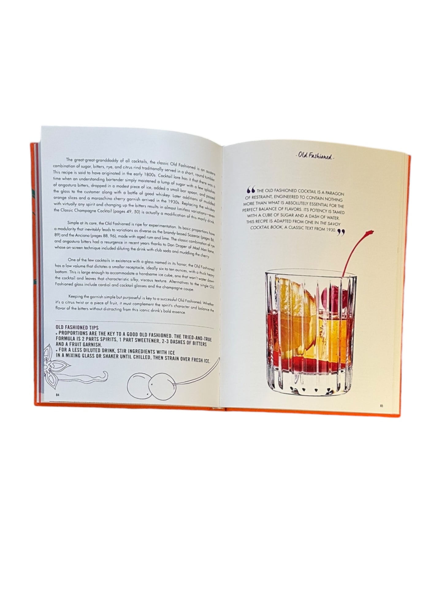 Open spread of Cocktail Chameleon showing the Old Fashioned cocktail page with text and illustration