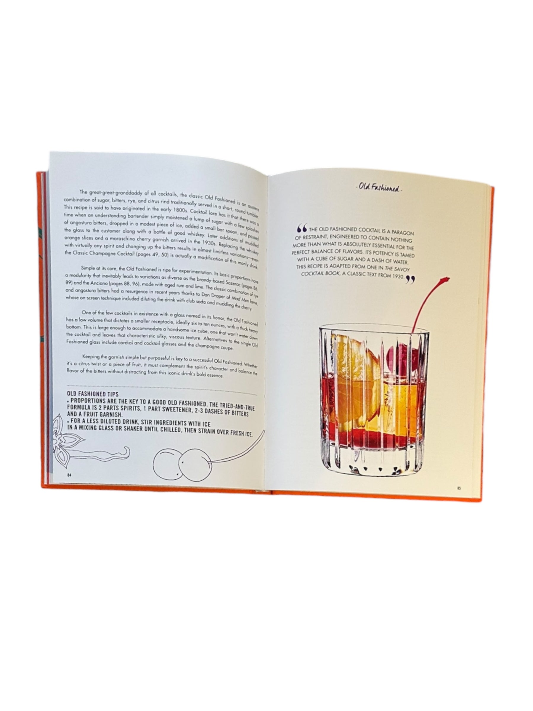 Open spread of Cocktail Chameleon showing the Old Fashioned cocktail page with text and illustration
