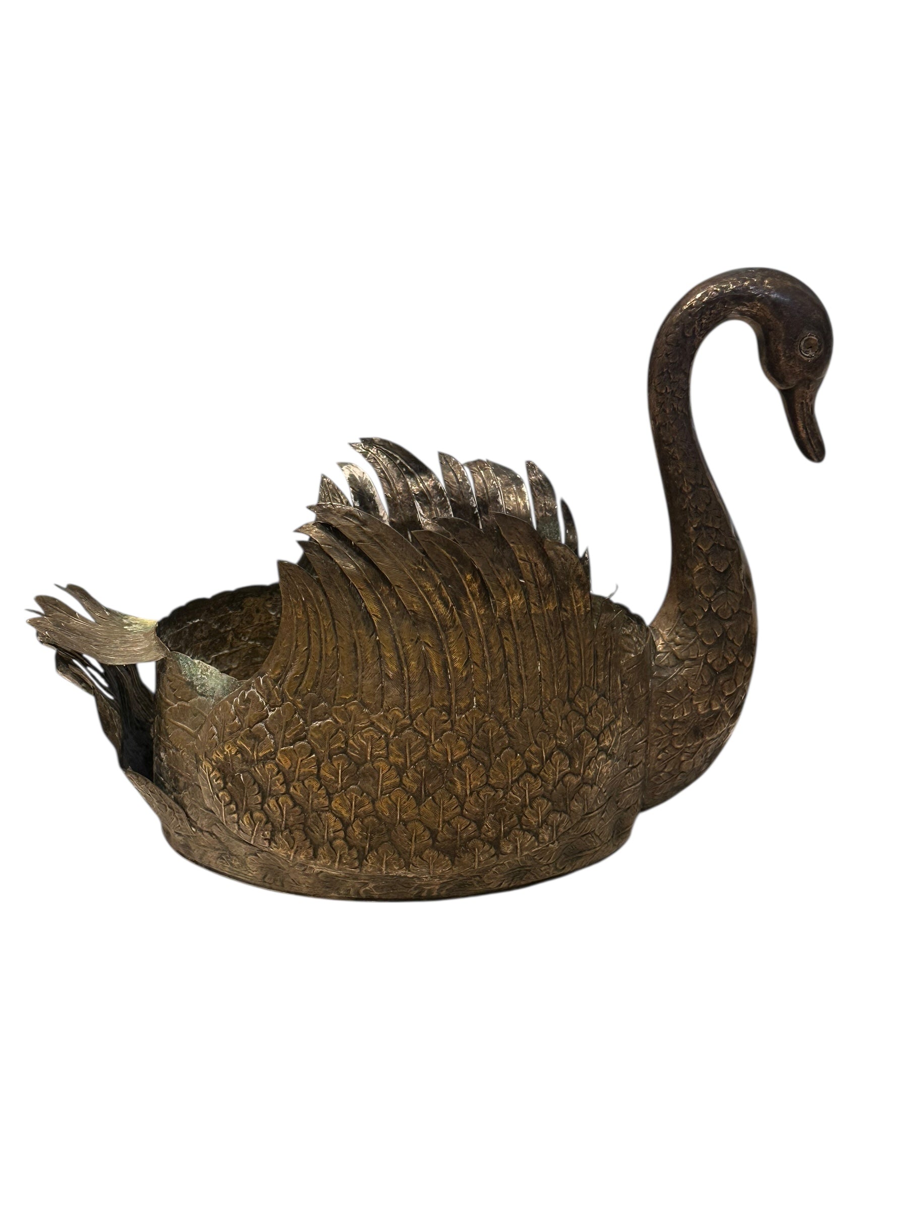 Silver-plated swan jardiniere, side profile with curved neck, engraved feather body and hollow planter back