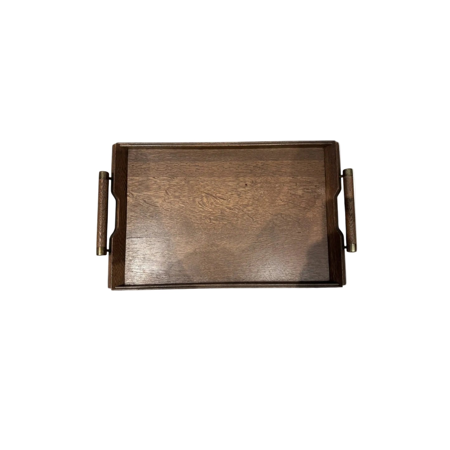Mid-century wooden serving tray with brass-trimmed wood handles, top view