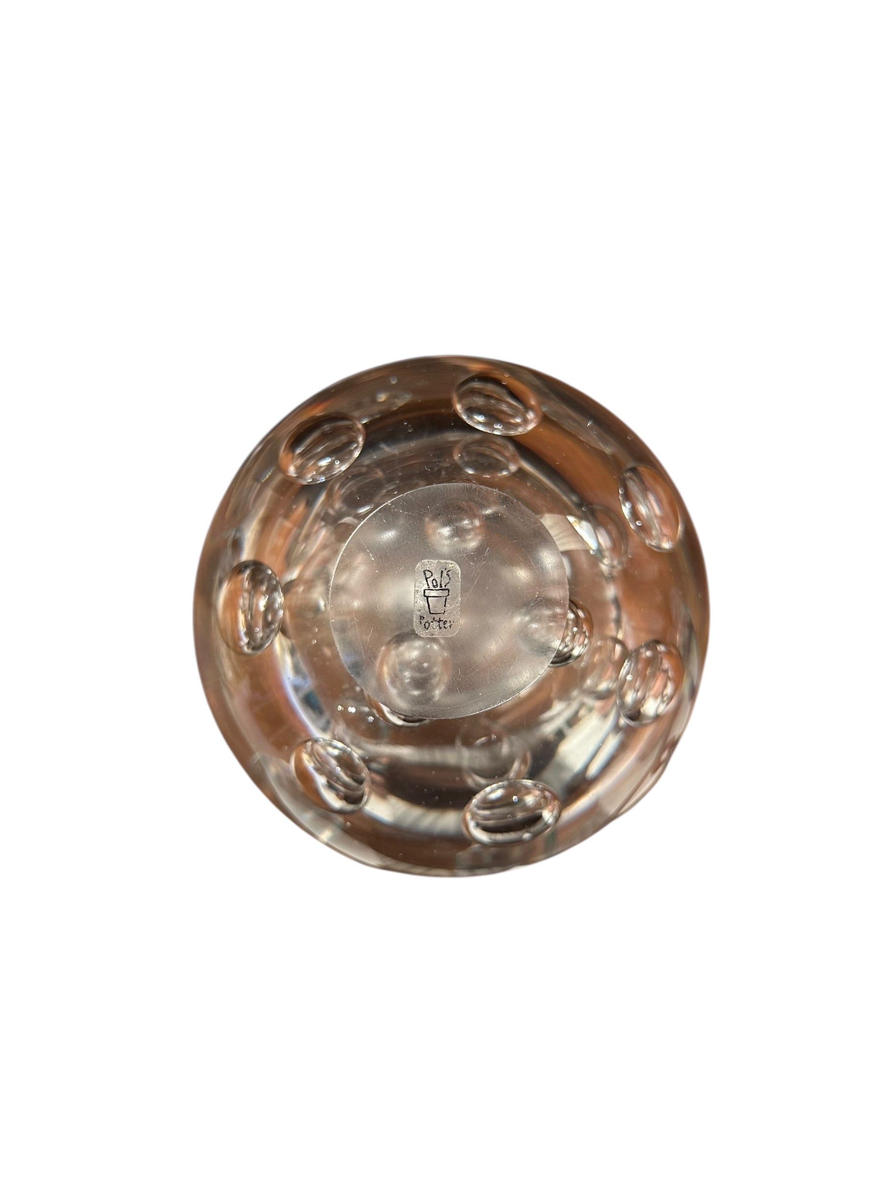Base view of the glass sphere vase showing ringed bubbles and an etched maker's mark