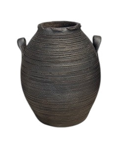 Studio-made black matte pinched ceramic vase, ovoid ribbed body with small lug handles, front view