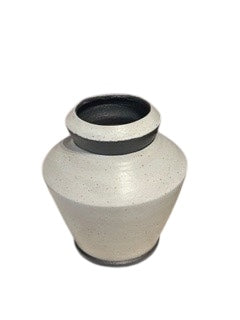 Studio-made white stoneware medium vessel, dark glazed collar rim, front view.