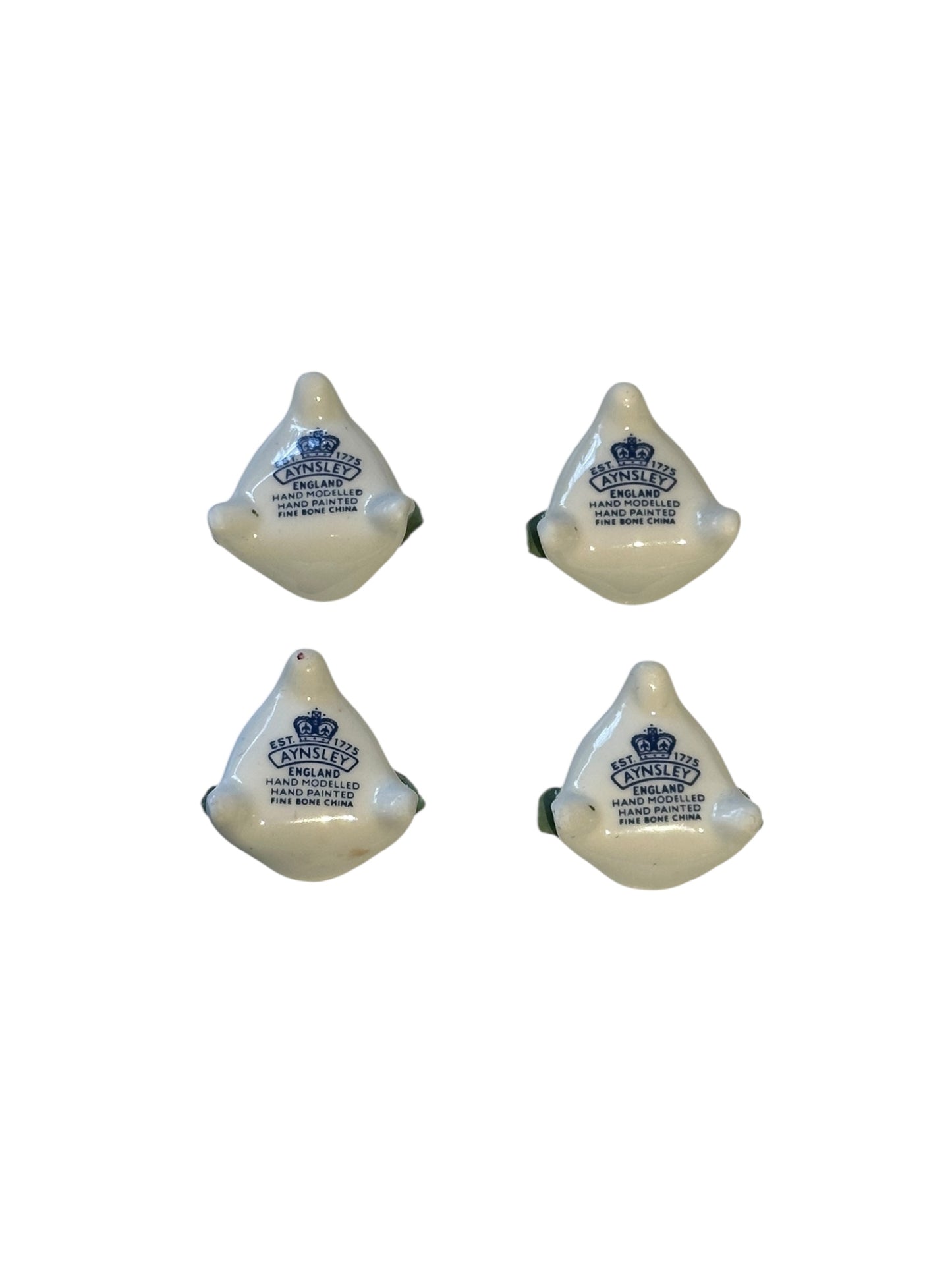 Reverse of porcelain rose place card holders with Aynsley England hand-painted bone china stamps