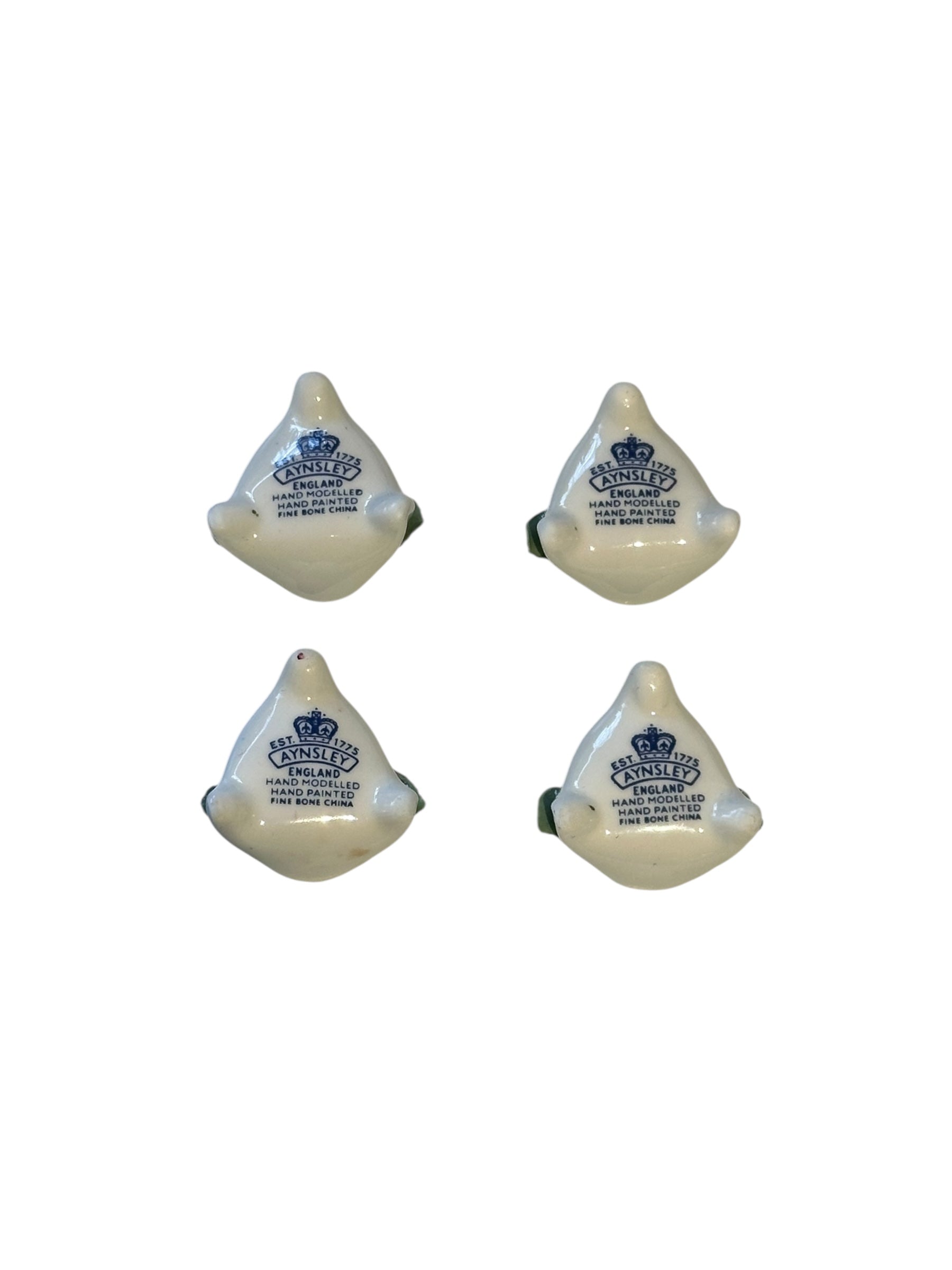 Reverse of porcelain rose place card holders with Aynsley England hand-painted bone china stamps