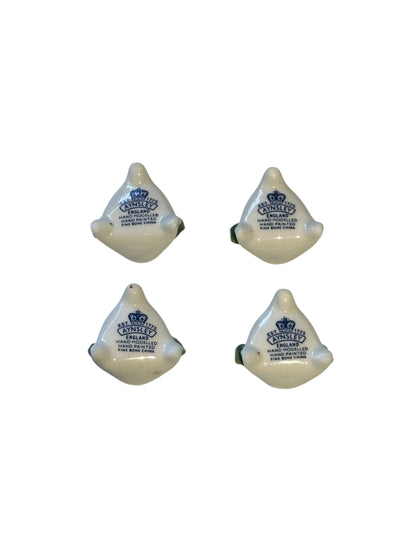 Reverse of porcelain rose place card holders with Aynsley England hand-painted bone china stamps