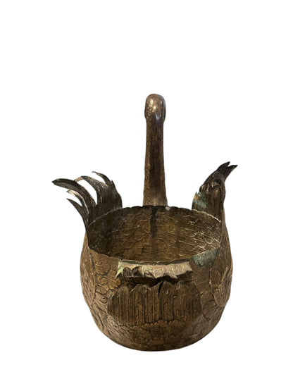 Silver-plated swan jardiniere from behind, neck rising above the hollow planter cavity