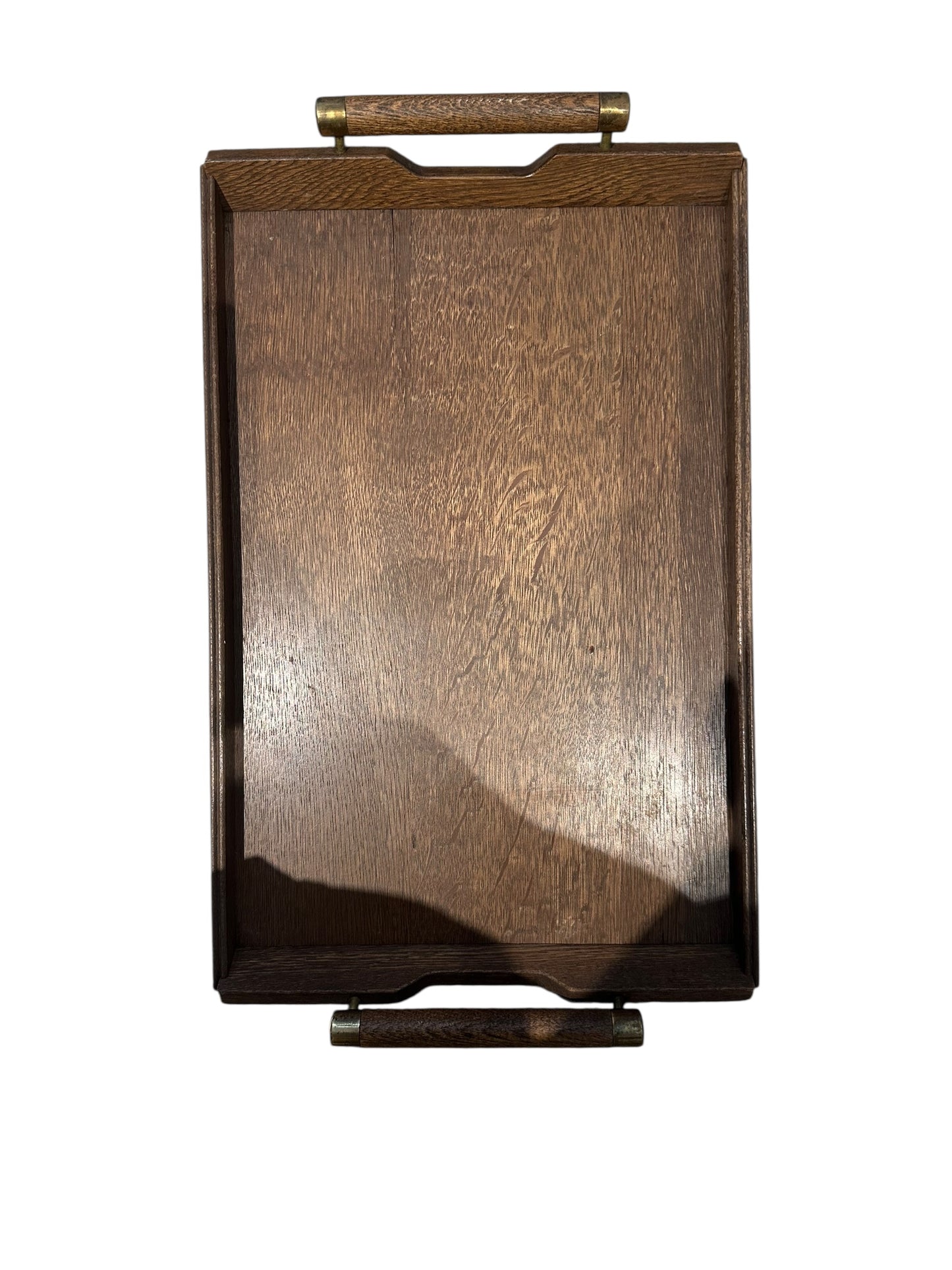 Medium MCM wooden serving tray with wood-and-brass tube handles at each end
