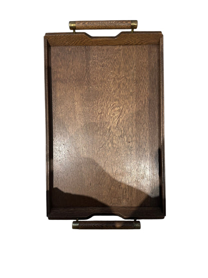 Medium MCM wooden serving tray with wood-and-brass tube handles at each end