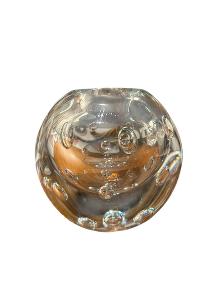 Clear glass sphere vase with controlled bubble inclusions, rounded form