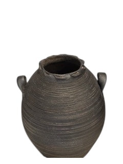 Black matte ovoid ribbed pinched vase with lug handles, front view