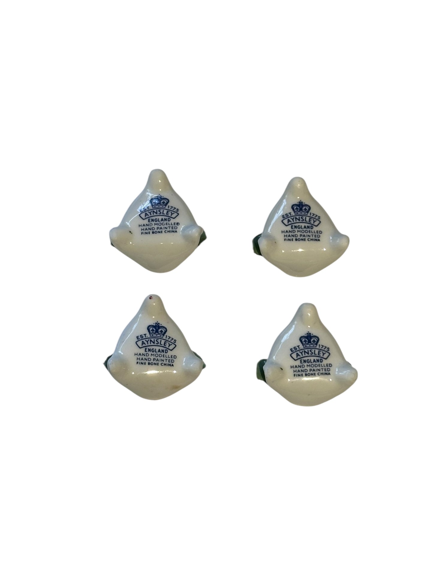 Undersides of the porcelain rose place card holders showing the Aynsley England bone china mark